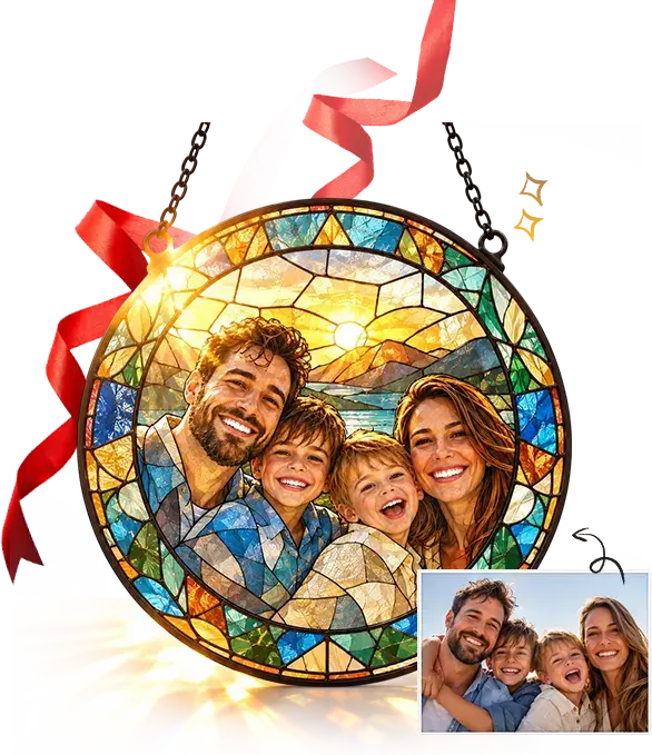 Personalized stained glass suncatcher made from a family photo